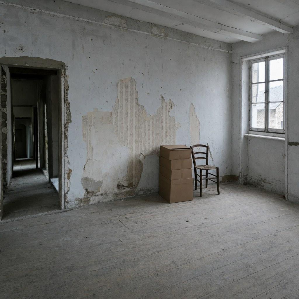 Pièce d’une maison ancienne presque entièrement vidée avant démolition, derniers cartons et une chaise regroupés avant évacuation