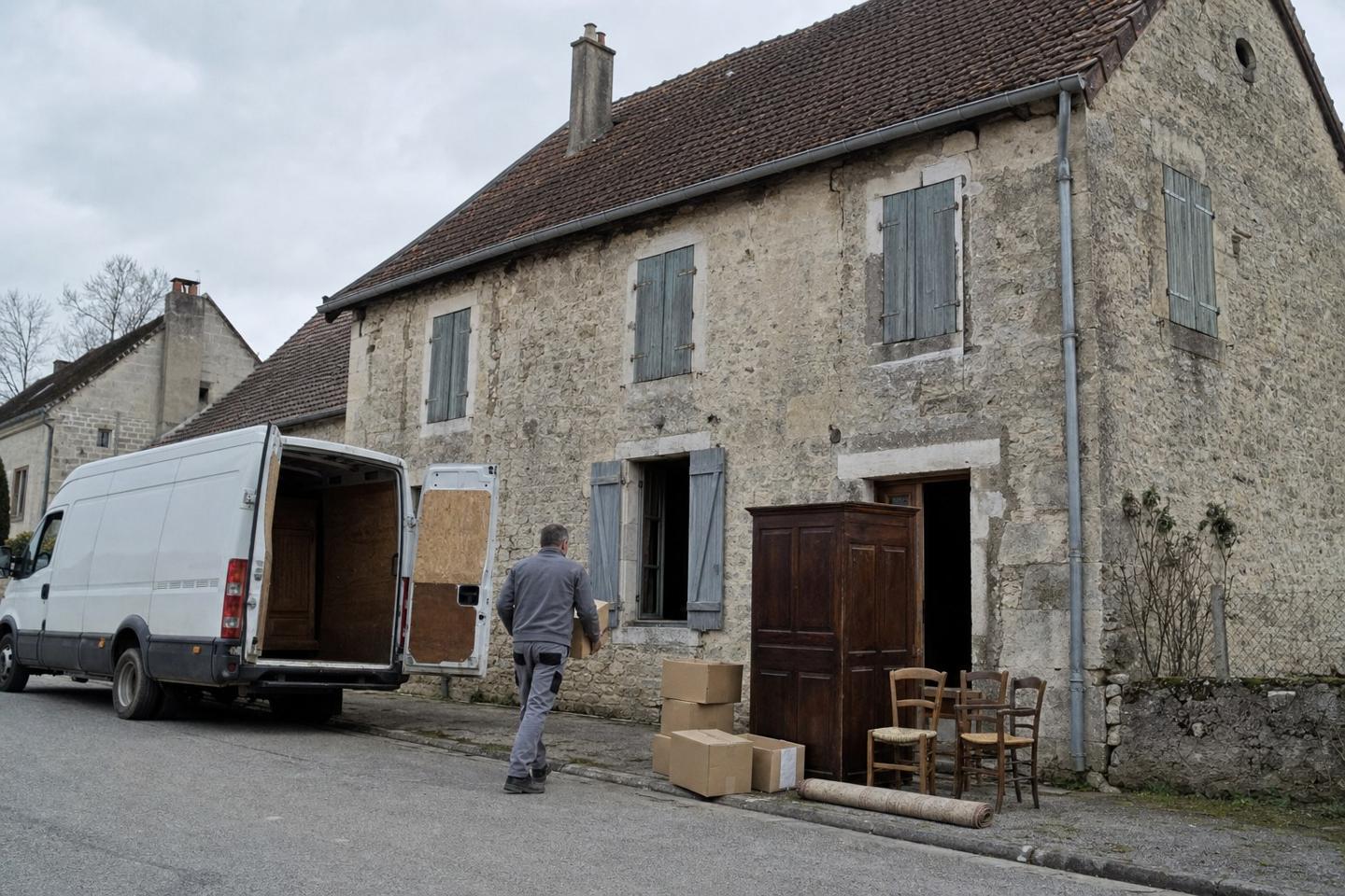 Débarras avant démolition d’une maison de village en pierre : fourgon utilitaire garé devant la façade, armoire, chaises et cartons sortis sur le trottoir