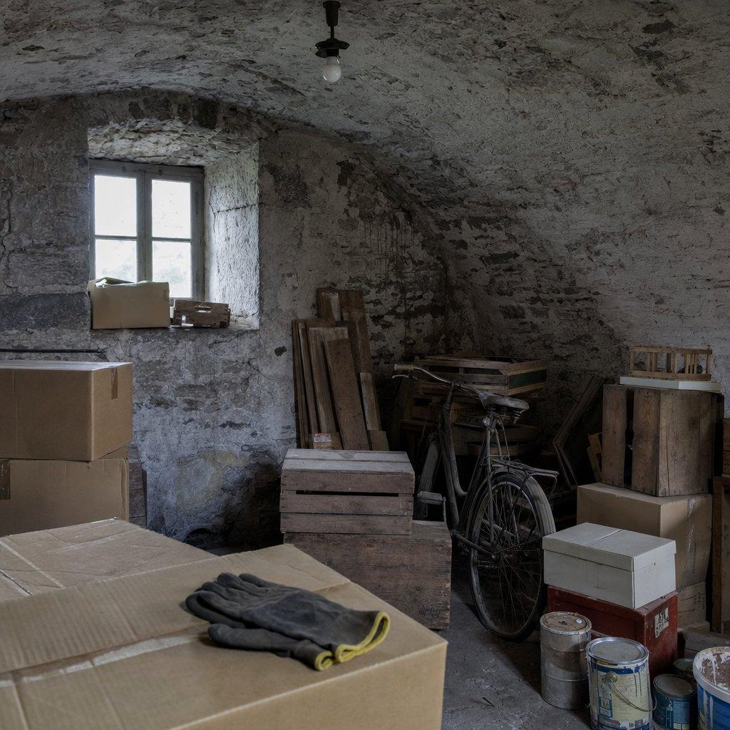 Cartons, malles et objets anciens regroupés sous une charpente de grenier, séparés en piles distinctes avant évacuation