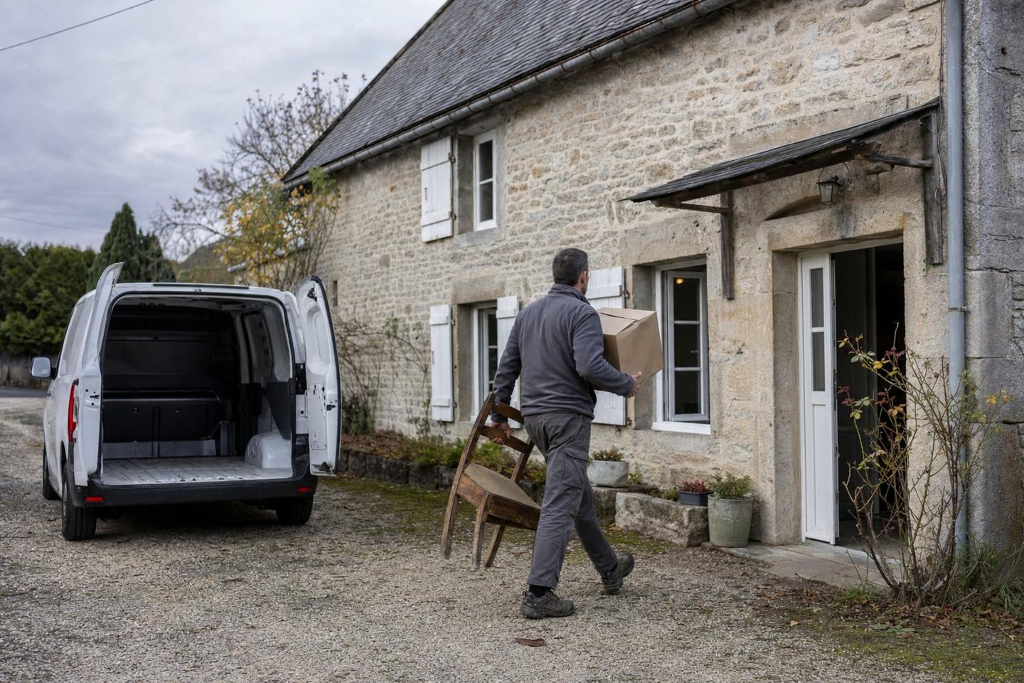 Débarras succession d’une maison de village en pierre à Vesoul : cartons et meubles anciens sortis vers un fourgon utilitaire garé devant la façade