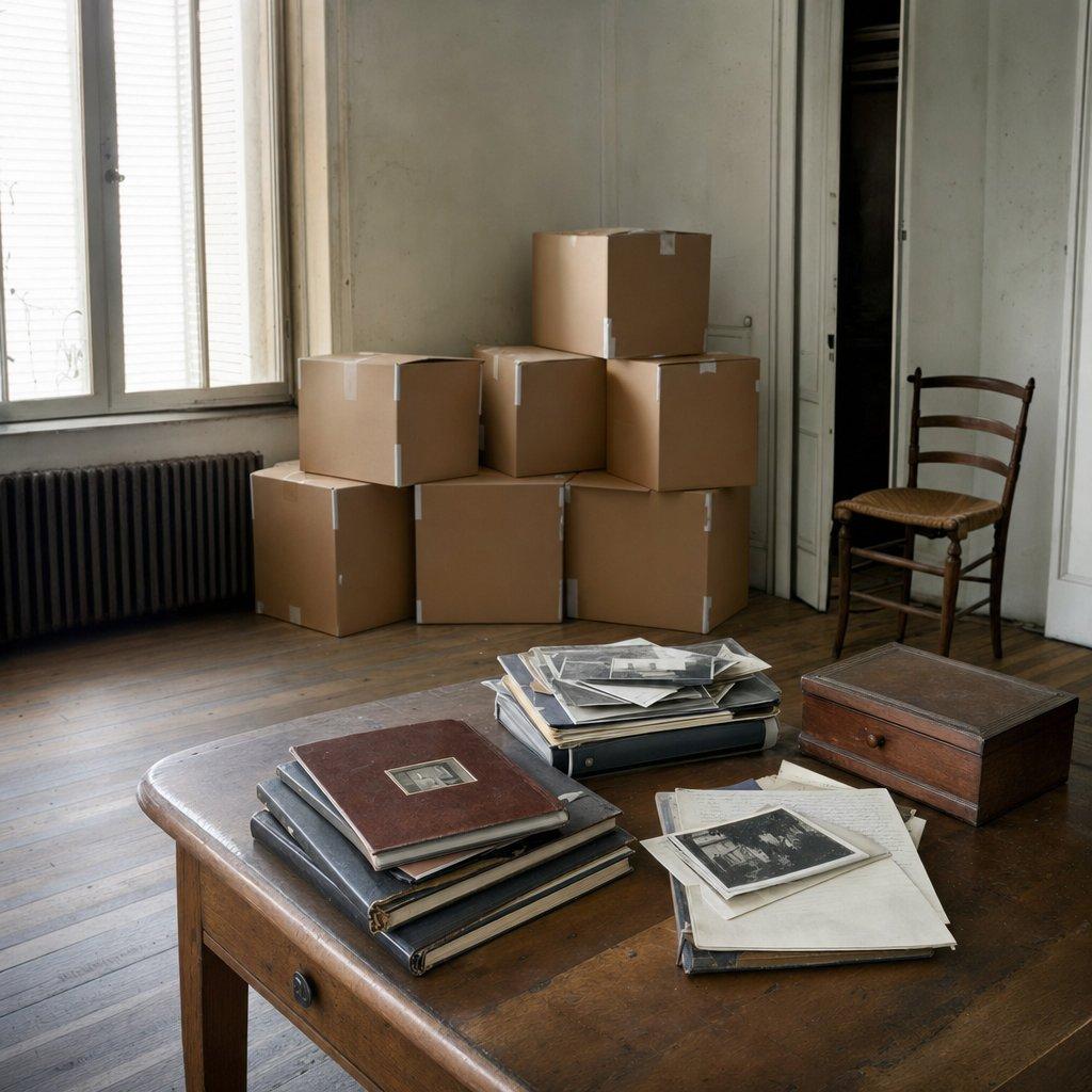 Table avec des albums photo, des papiers et des bijoux mis de côté avant le tri du reste d’une maison en succession